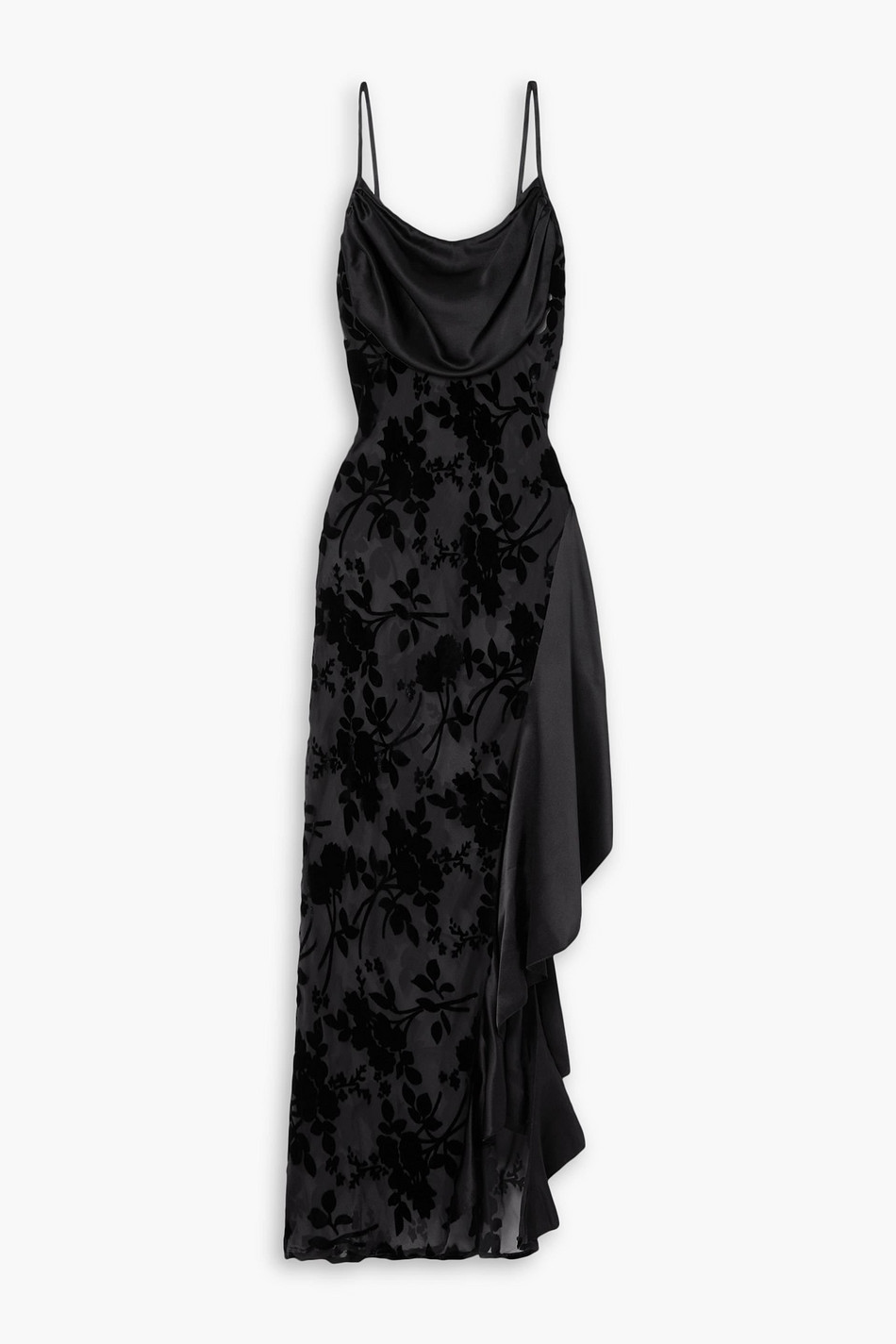 Asymmetric draped ruffled satin and devoré-velvet midi dress