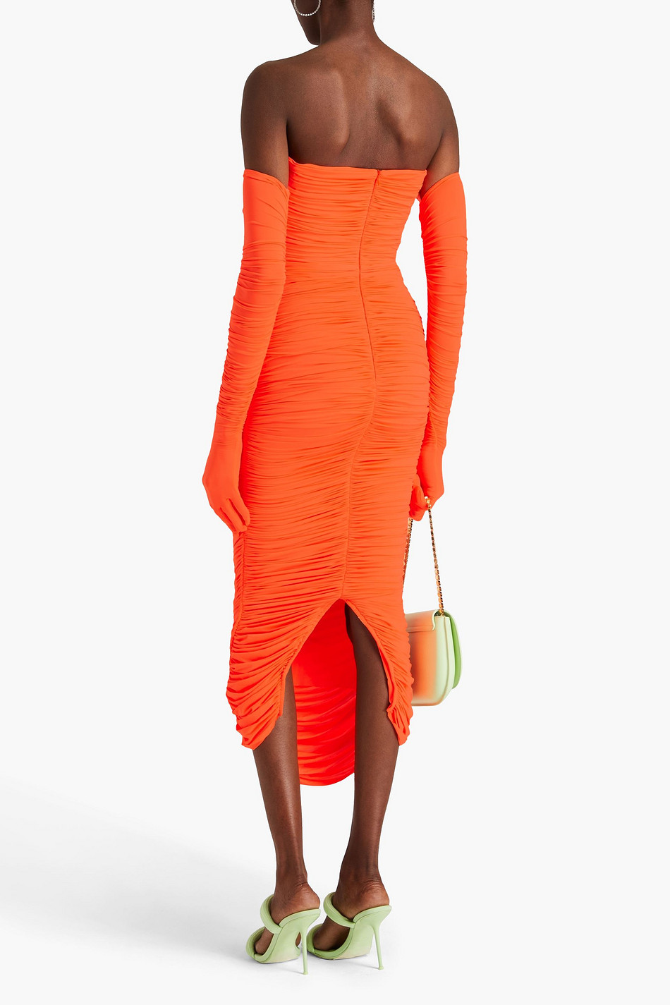 Strapless ruched neon stretch-jersey midi dress