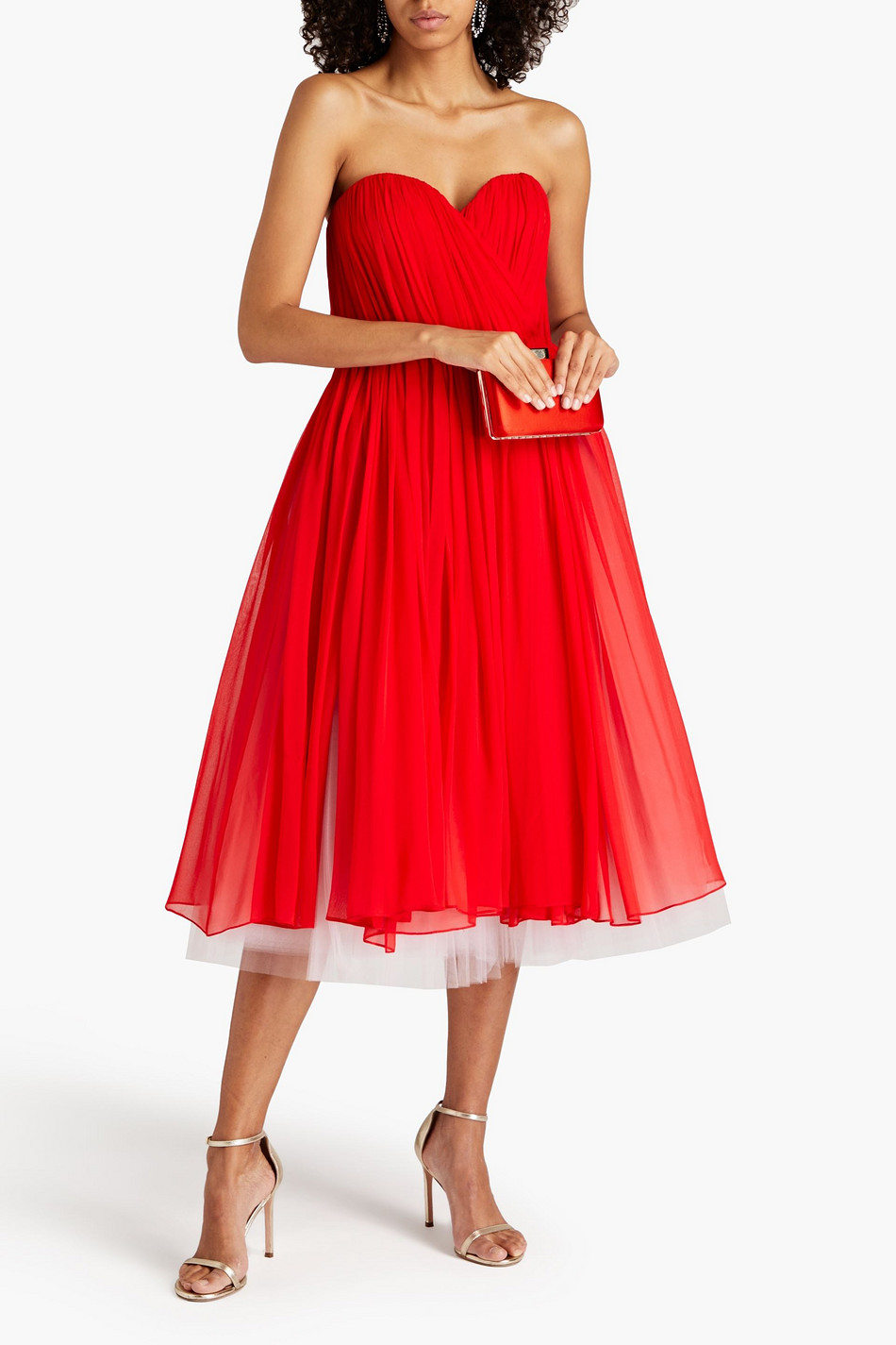 Strapless plissé silk-chiffon and tulle midi dress