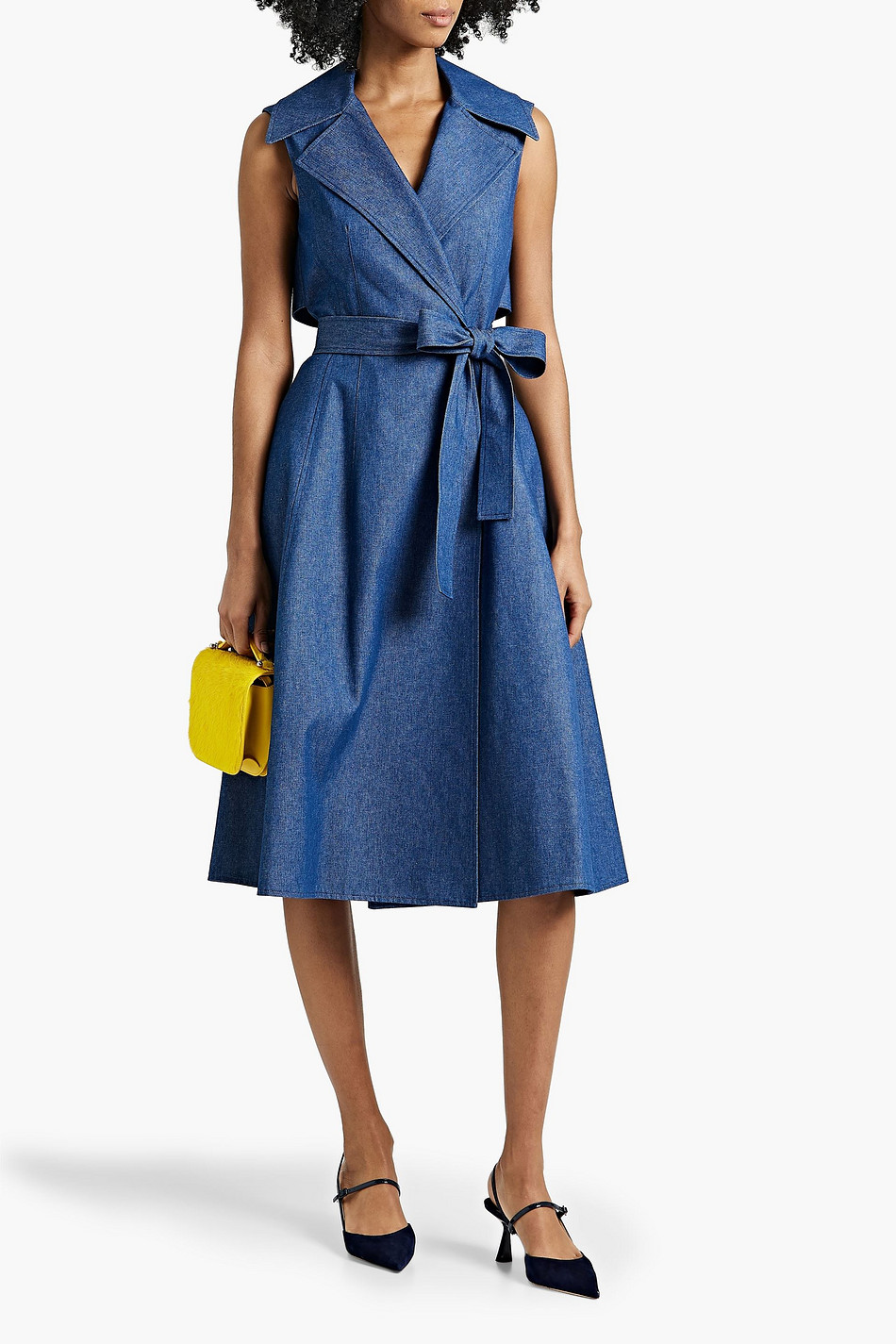 Belted wrap-effect denim midi dress