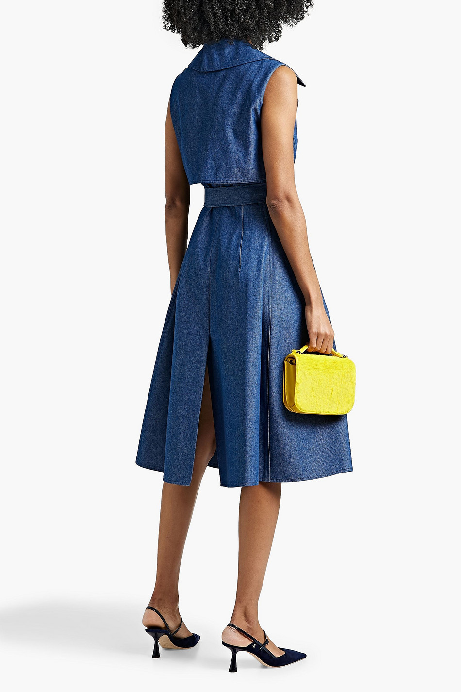 Belted wrap-effect denim midi dress