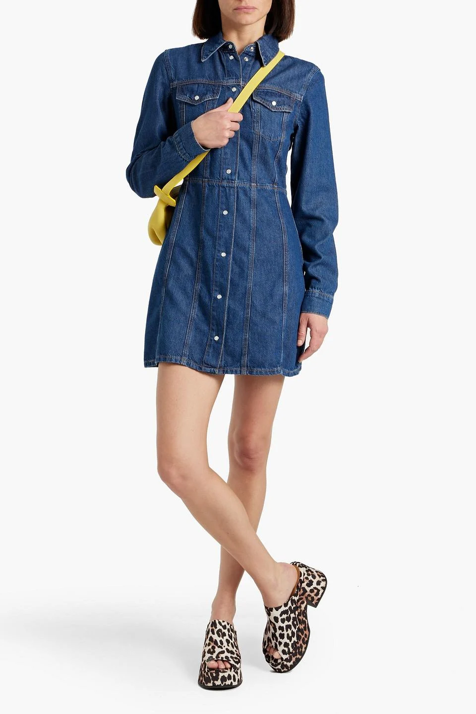 Flocked denim mini shirt dress