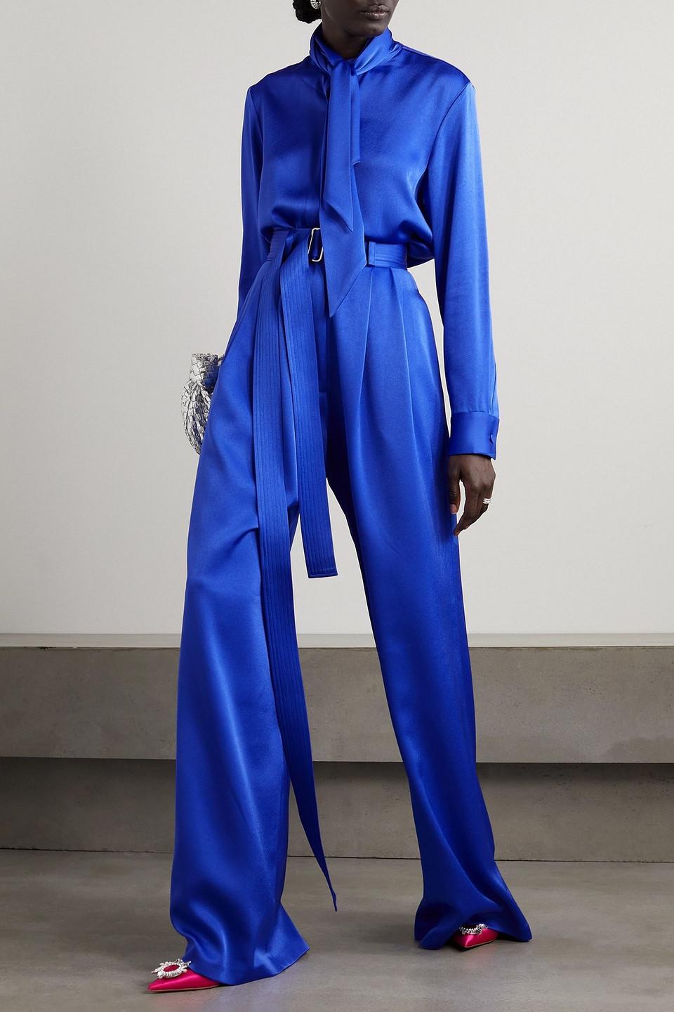 Landon belted pleated satin-crepe wide-leg pants