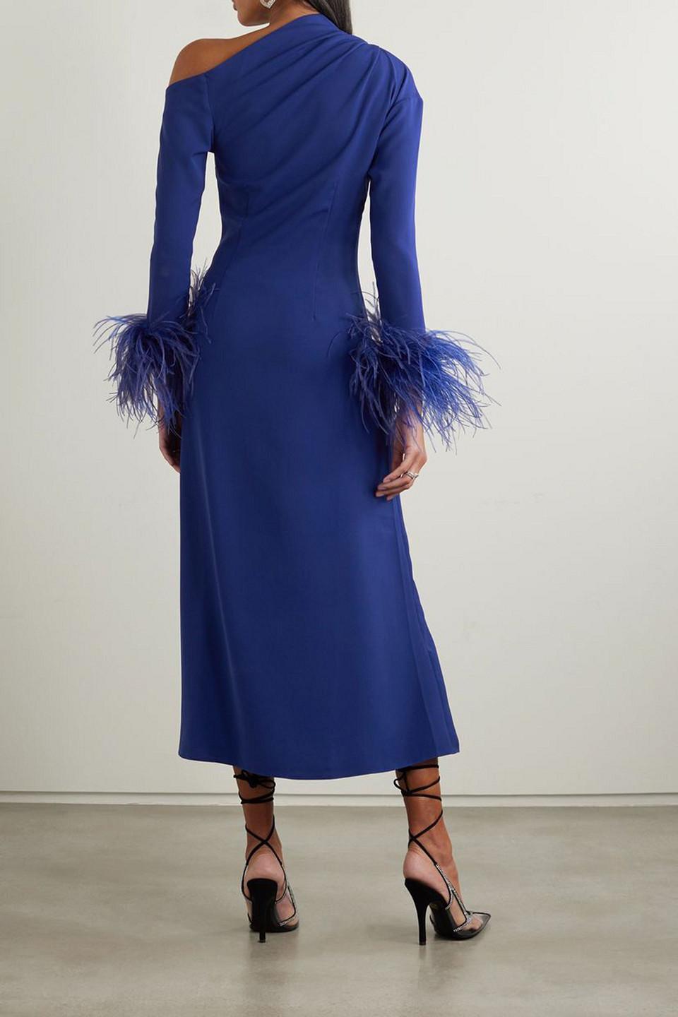 Adelaide one-shoulder feather-trimmed crepe midi dress