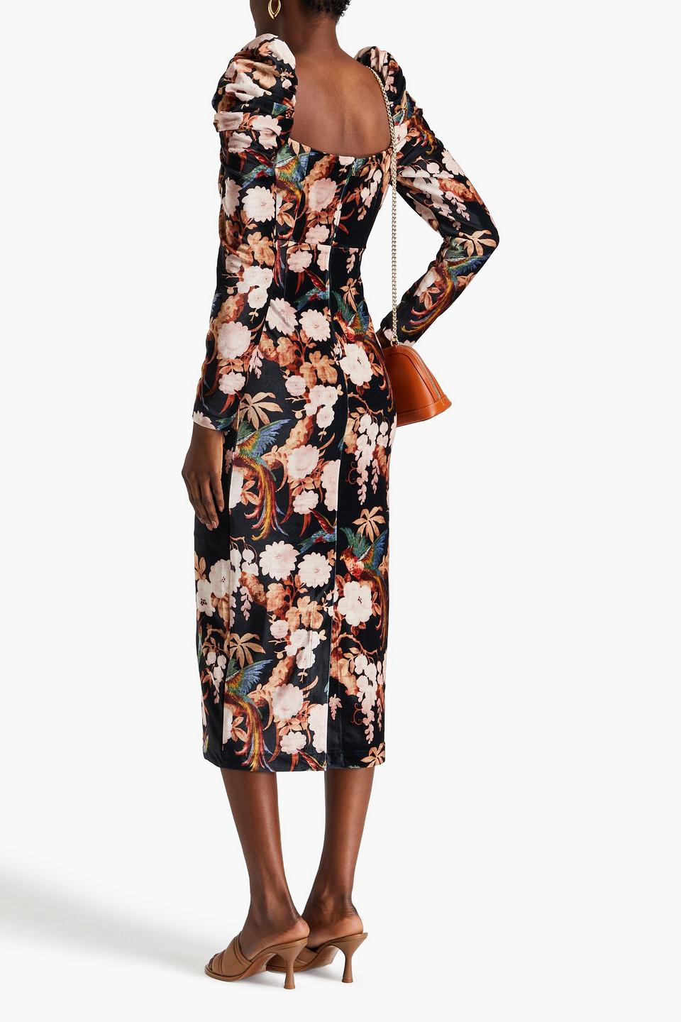 Floral-print stretch-velvet midi dress