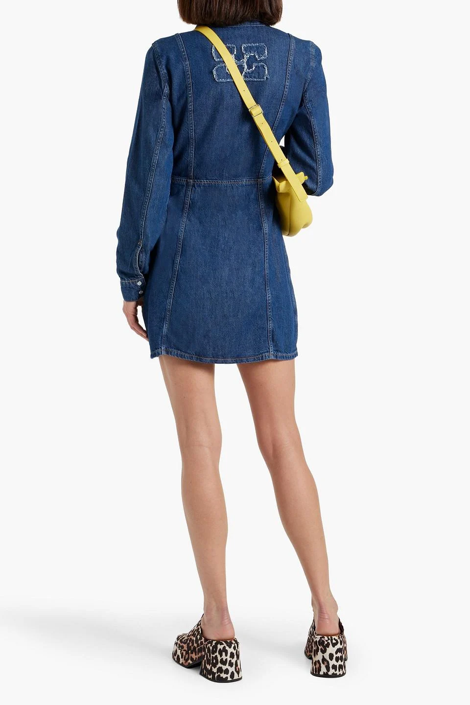 Flocked denim mini shirt dress