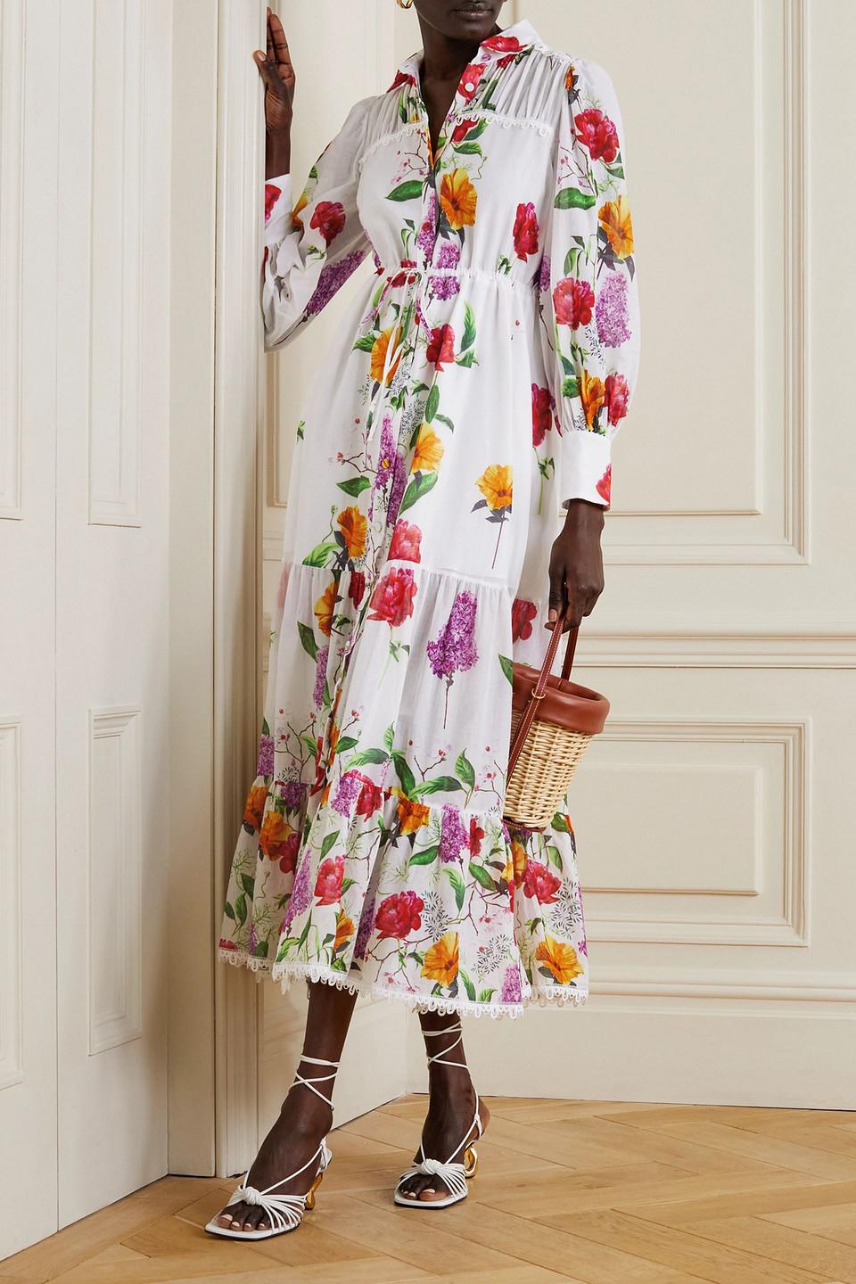 Begonia lace-trimmed tiered floral-print cotton-blend voile shirt dress