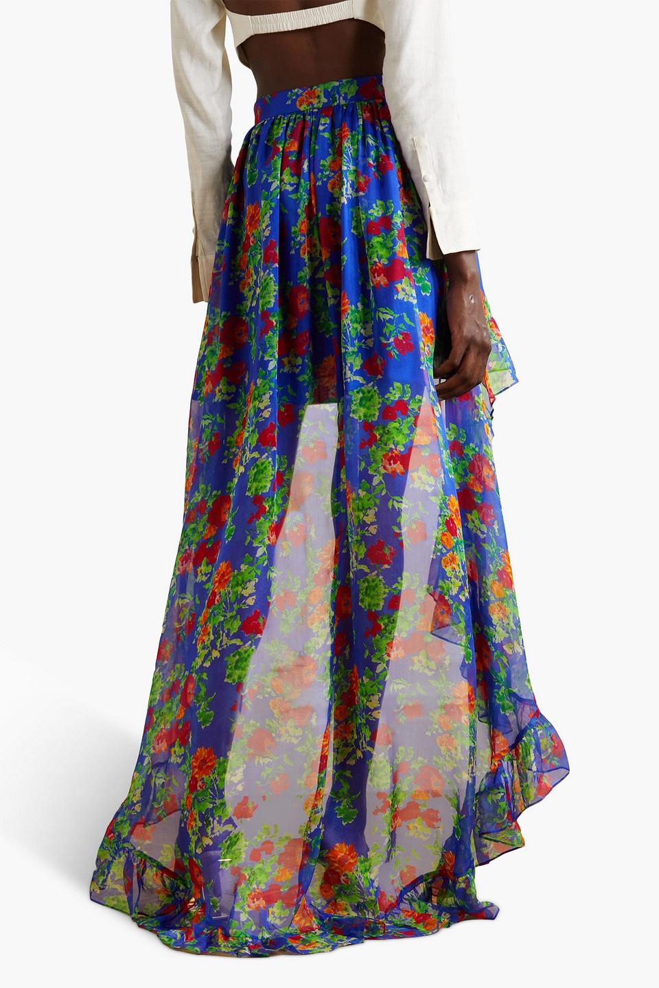 Della asymmetric ruffled floral-print silk-chiffon maxi skirt