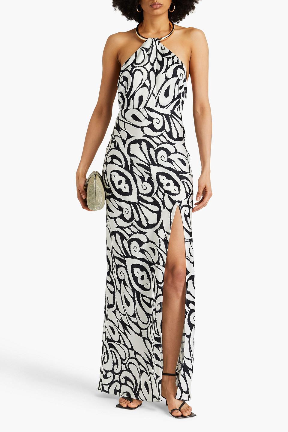 Edyth embellished tiger-print satin halterneck gown