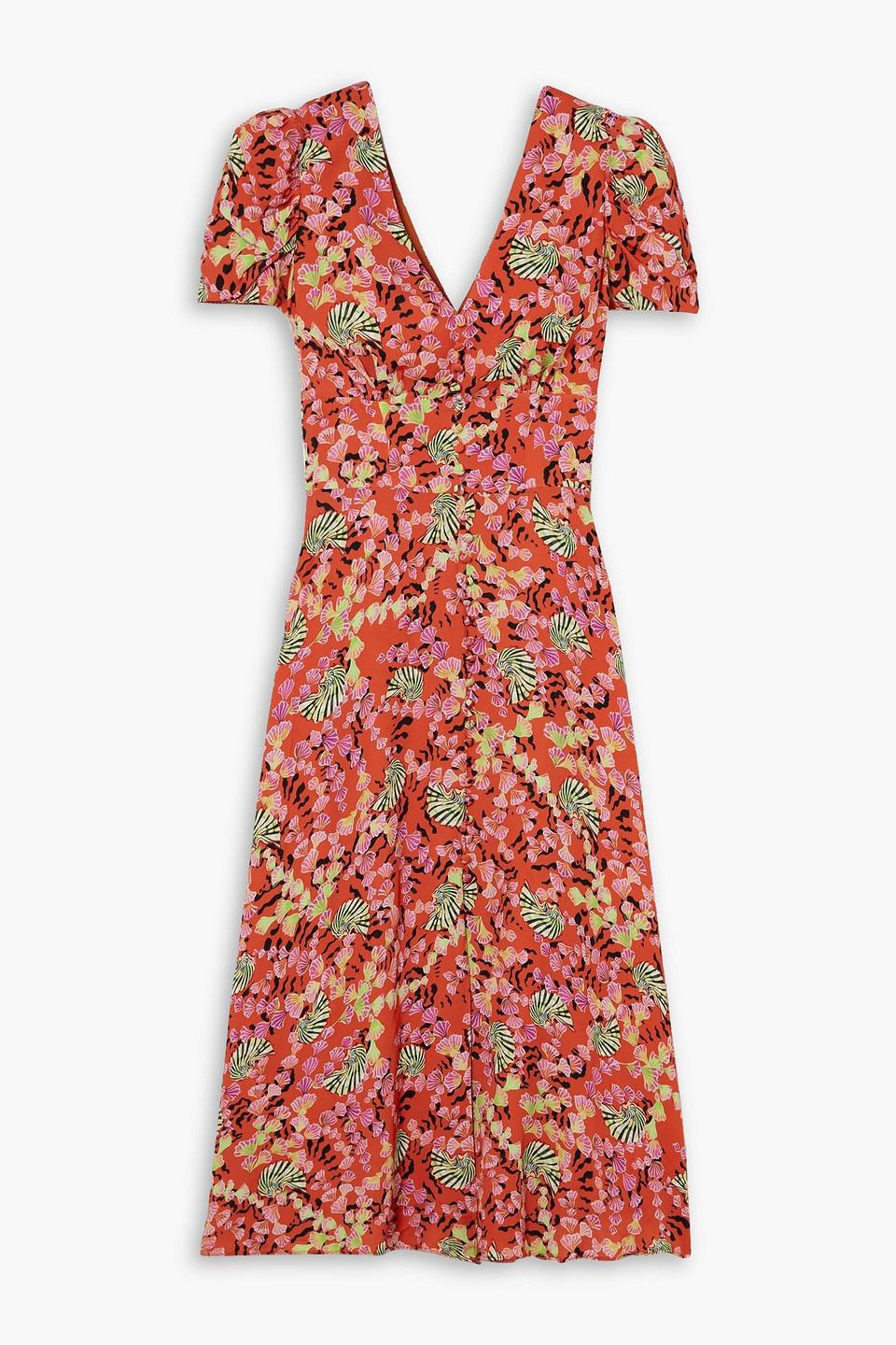 Margot button-embellished printed crepe de chine midi dress