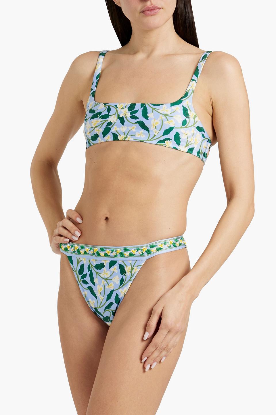 Lluvia Dos Gardenias Celeste embellished floral-print mid-rise bikini briefs