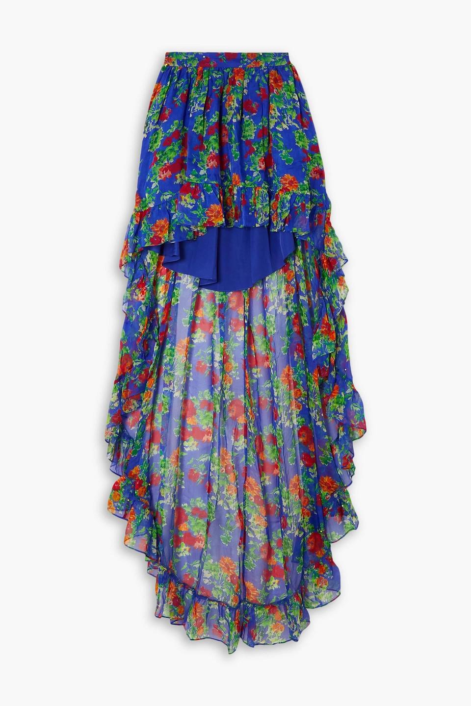 Della asymmetric ruffled floral-print silk-chiffon maxi skirt