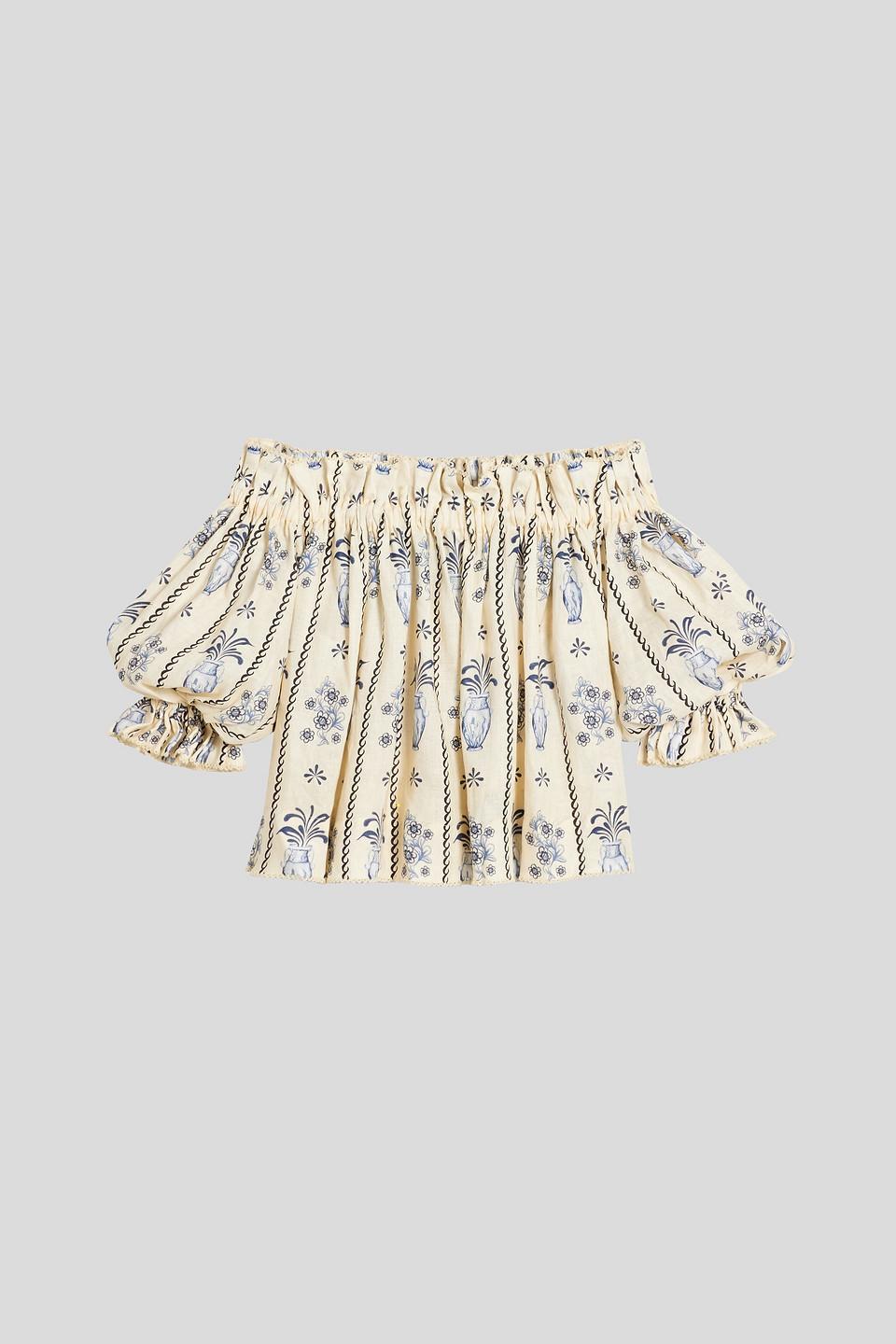 Urucu Tinaja off-the-shoulder printed linen-gauze top