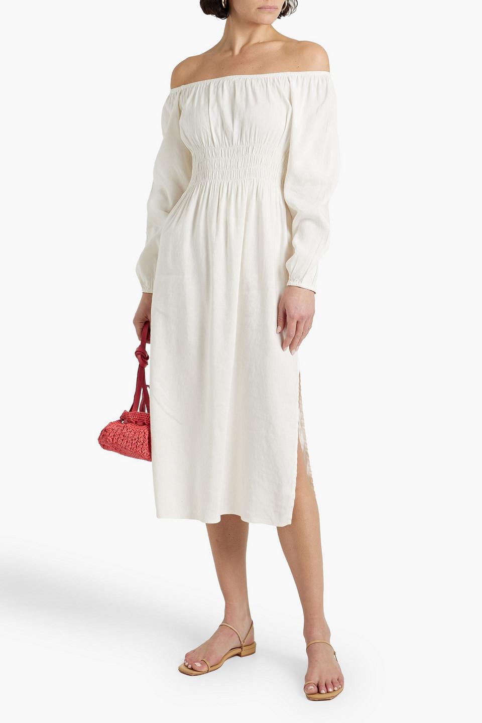 Air off-the-shoulder shirred linen-blend midi dress