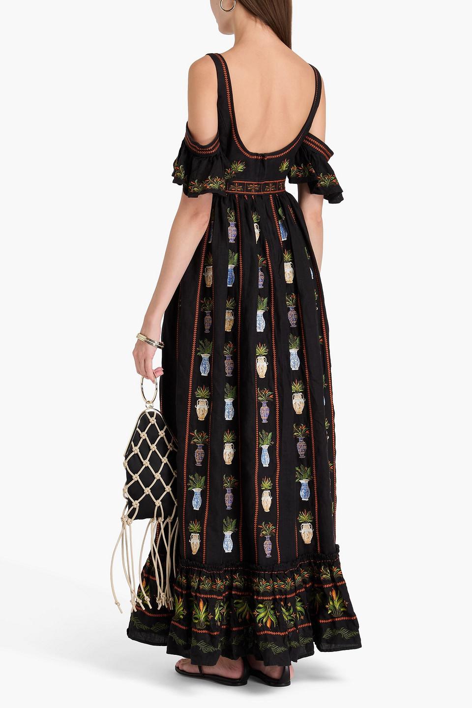 Sueno Anfora cold-shoulder embroidered linen maxi dress