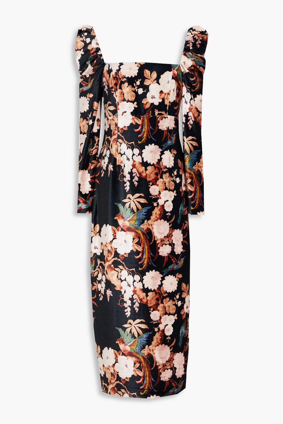 Floral-print stretch-velvet midi dress