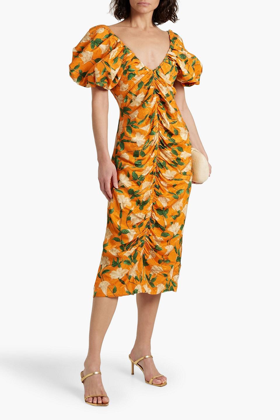 Celia ruched floral-print ECOVERO-blend jacquard midi dress