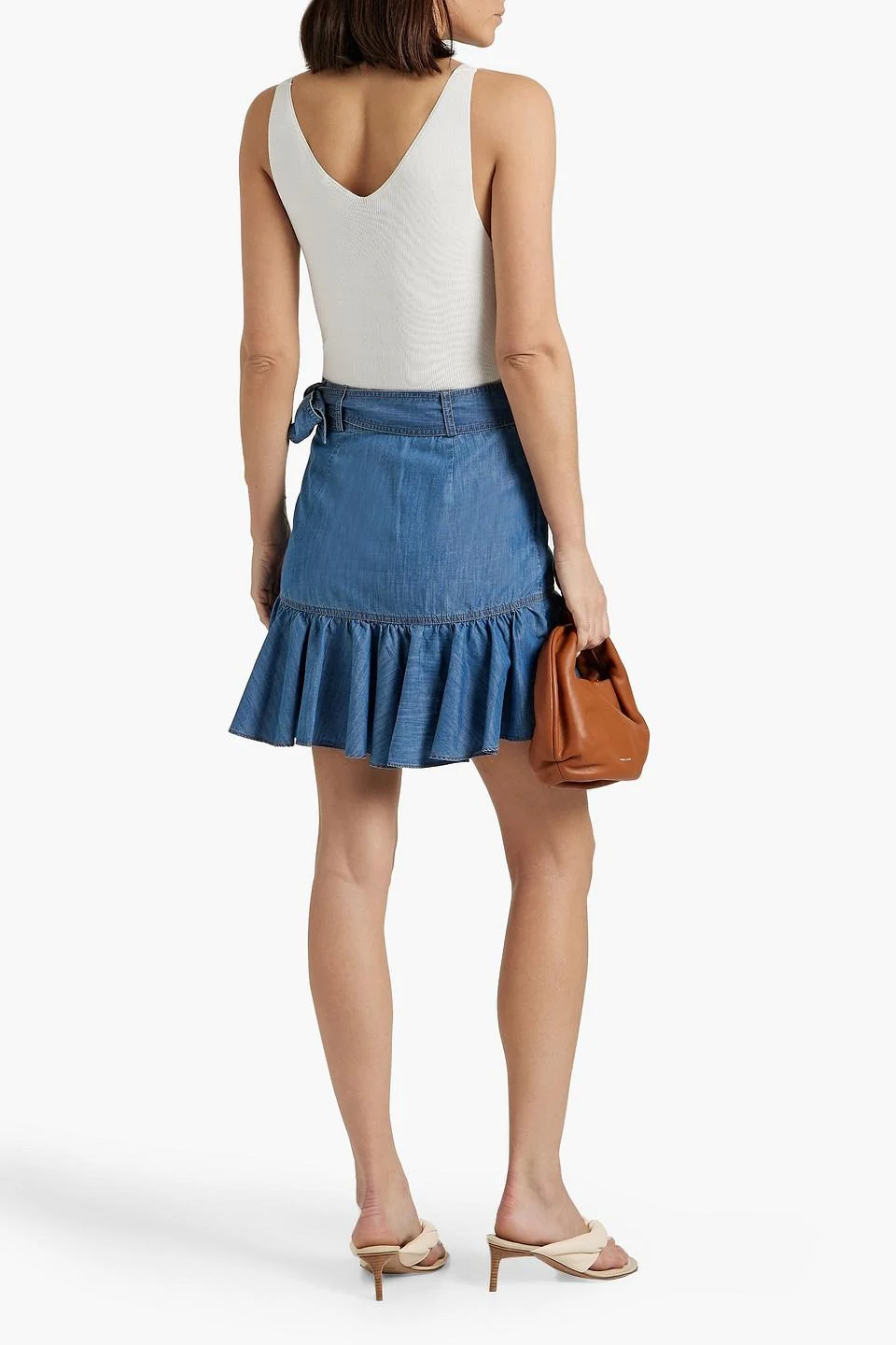 Memphis ruffled cotton and TENCEL™-blend chambray mini wrap skirt