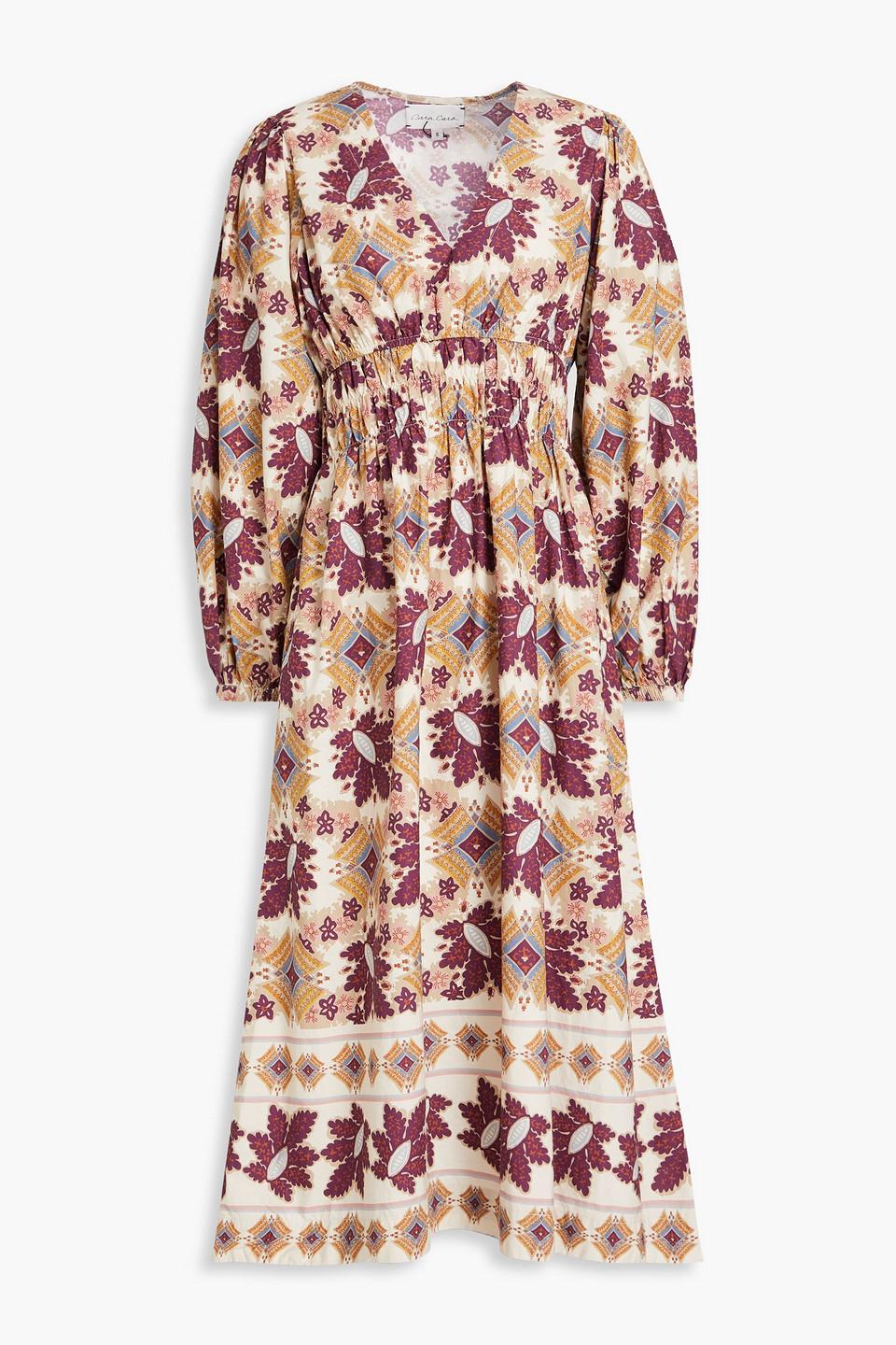 Gathered printed cotton-poplin midi dress