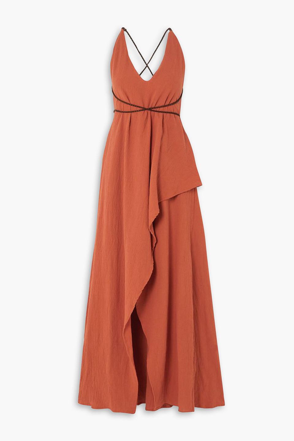 Pakaku asymmetric leather-trimmed cotton-gauze maxi dress