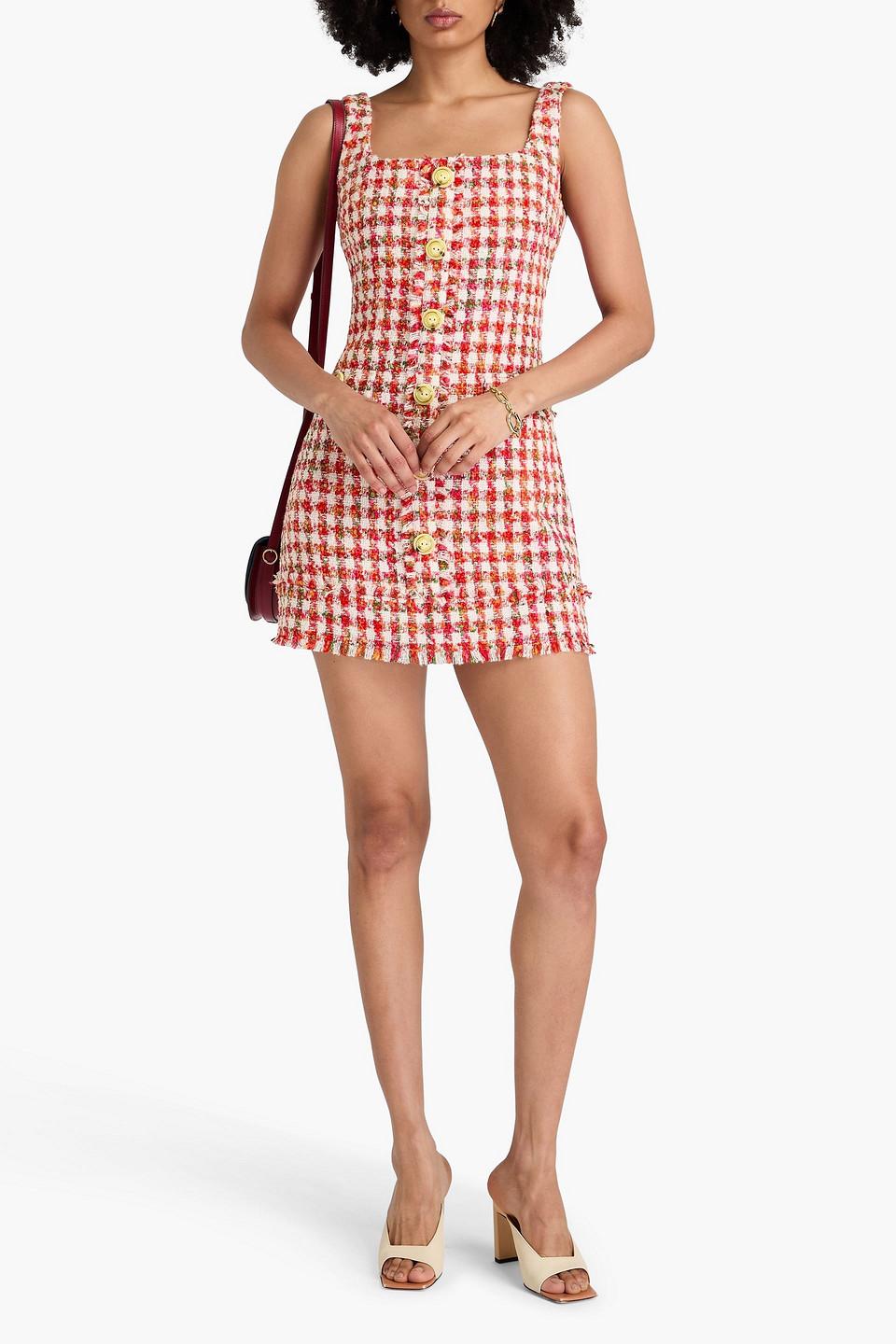 Evora fringed gingham tweed mini dress