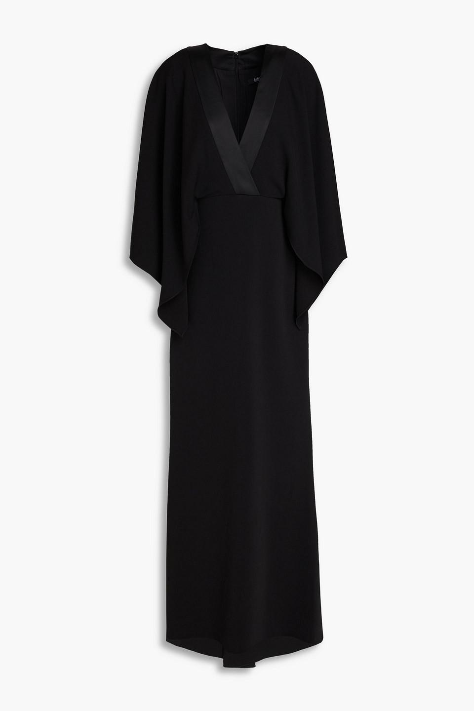 Draped satin-trimmed crepe gown