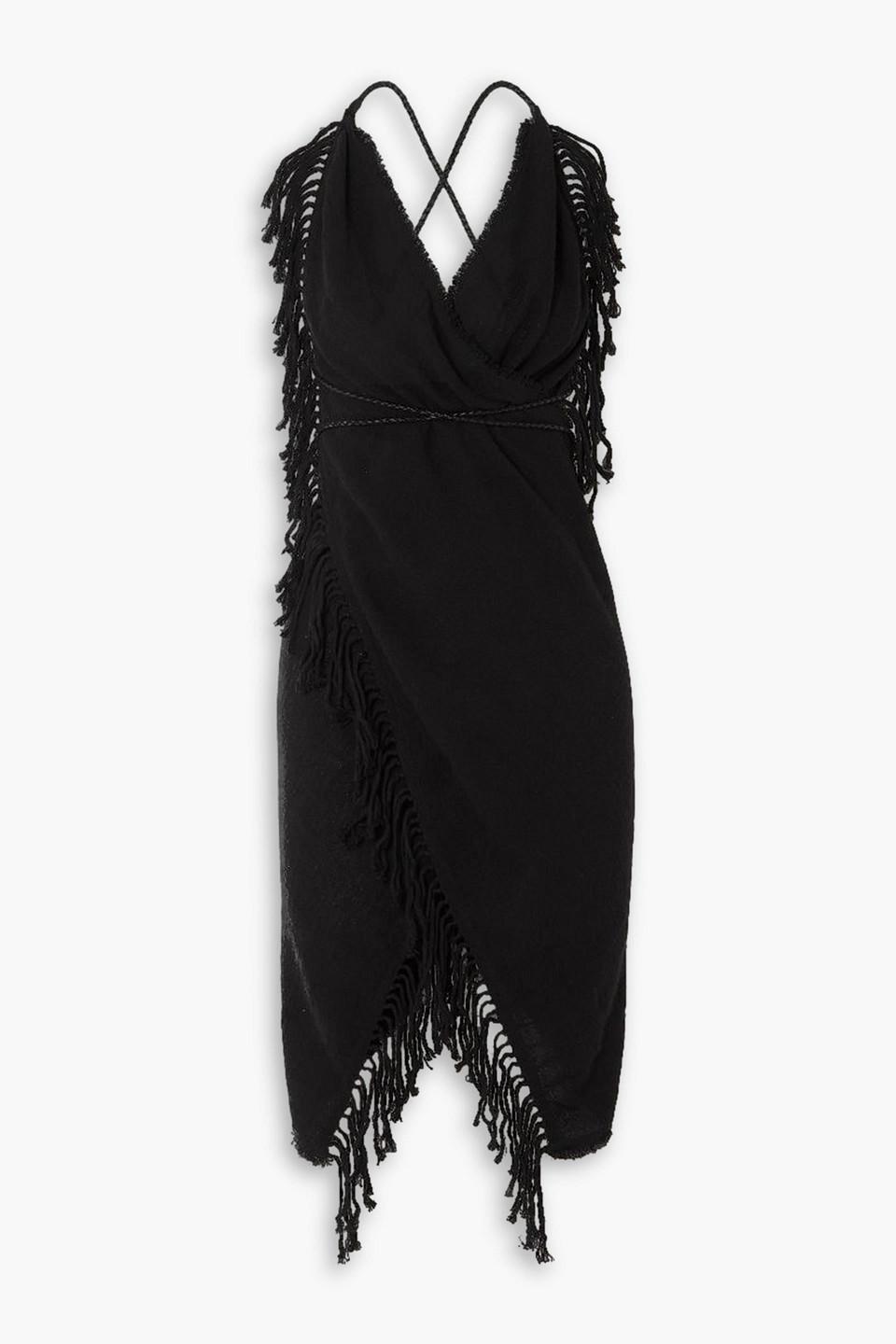 Misol Ha fringed leather-trimmed cotton-gauze mini wrap dress