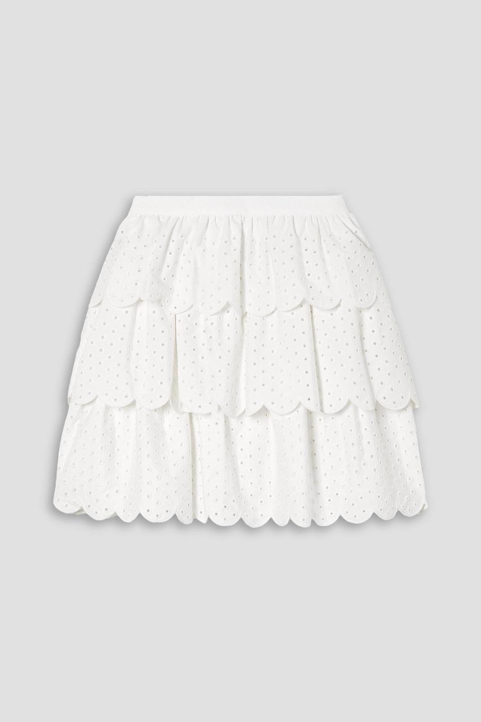 Scalloped tiered broderie anglaise cotton-blend mini skirt