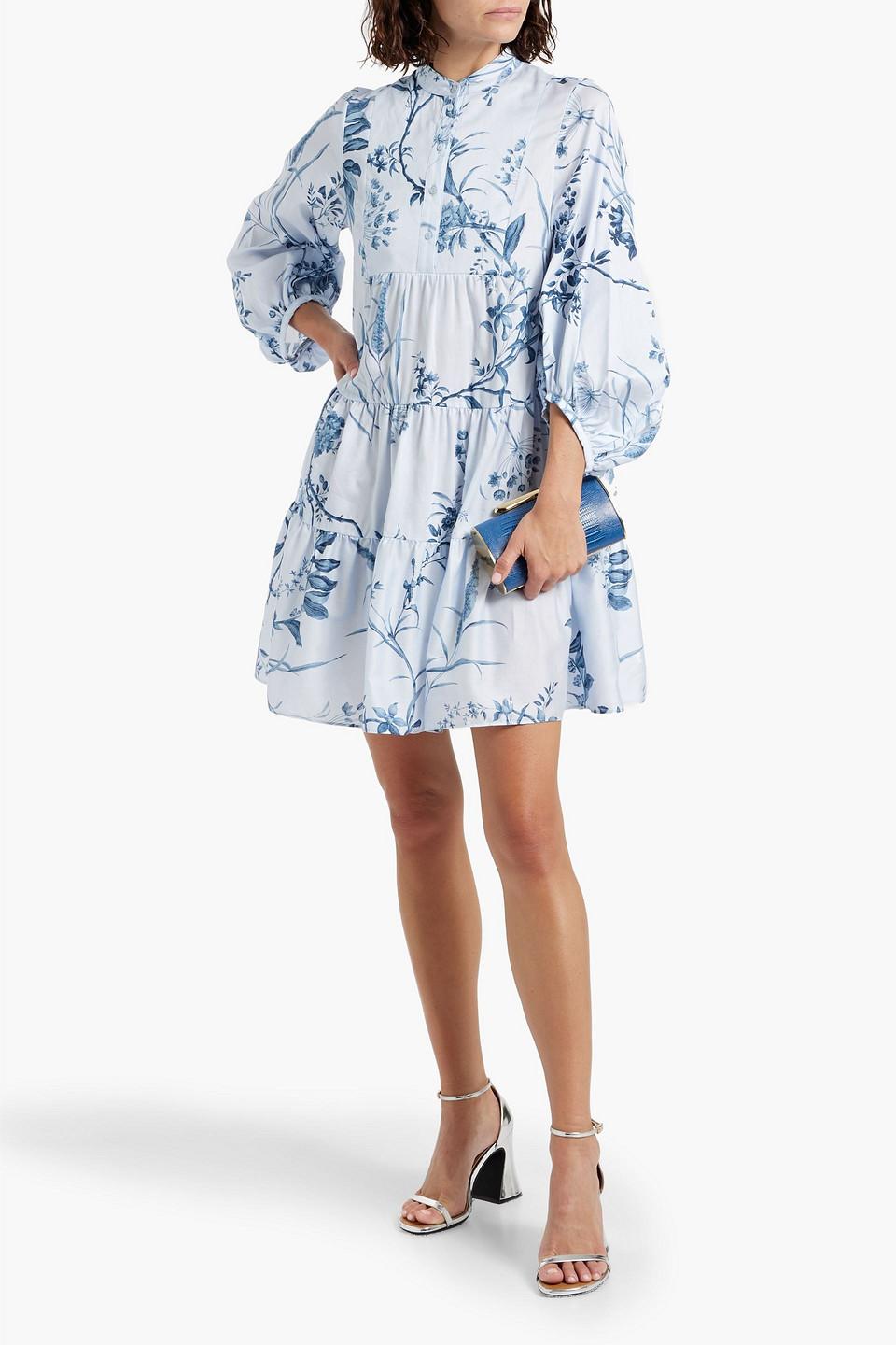 Tiered floral-print cotton-voile mini shirt dress