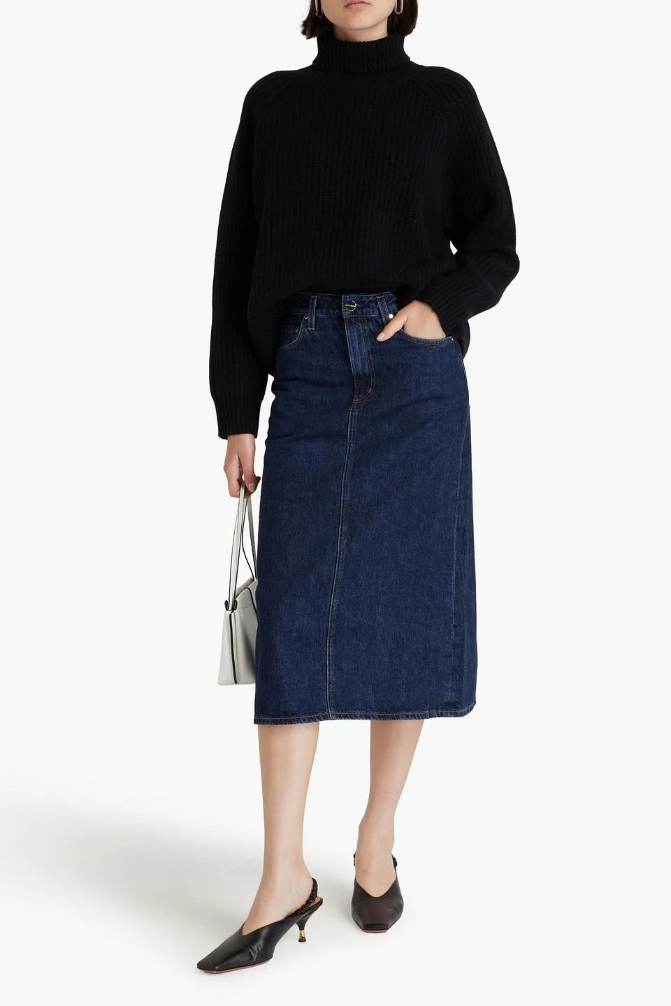 Low Slung denim midi skirt