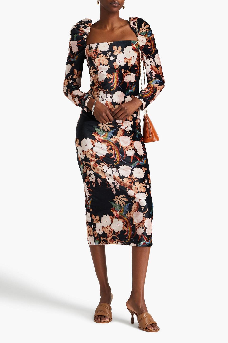 Floral-print stretch-velvet midi dress