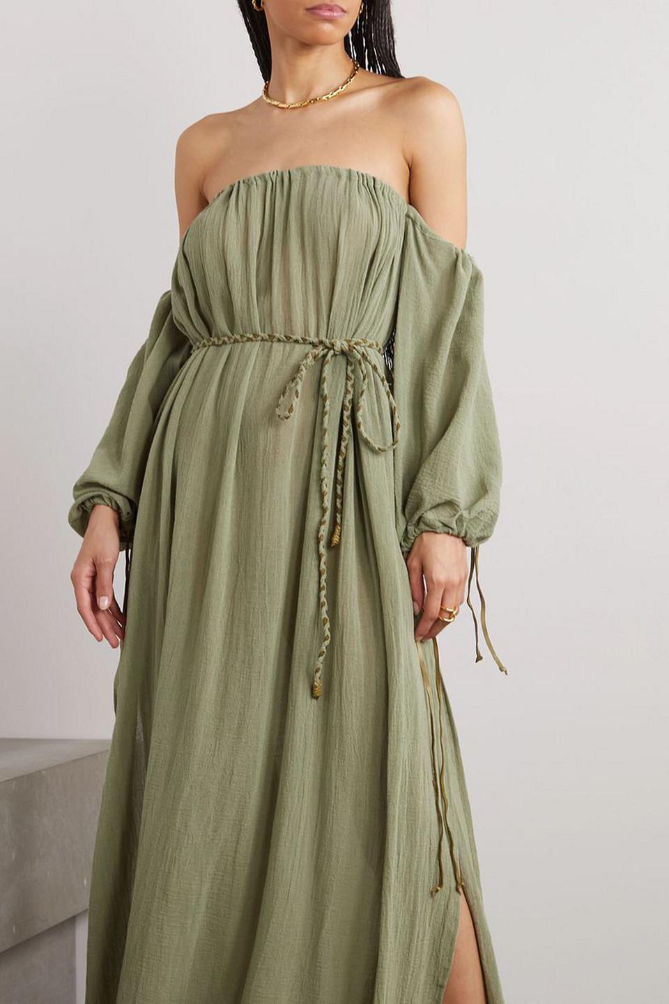 Kikab off-the-shoulder leather-trimmed cotton-gauze maxi dress