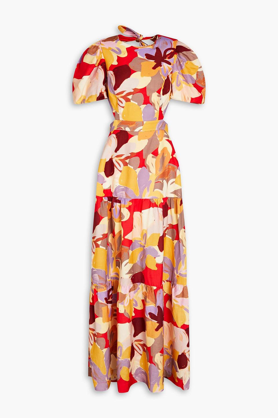 Gathered floral-print linen-blend maxi dress