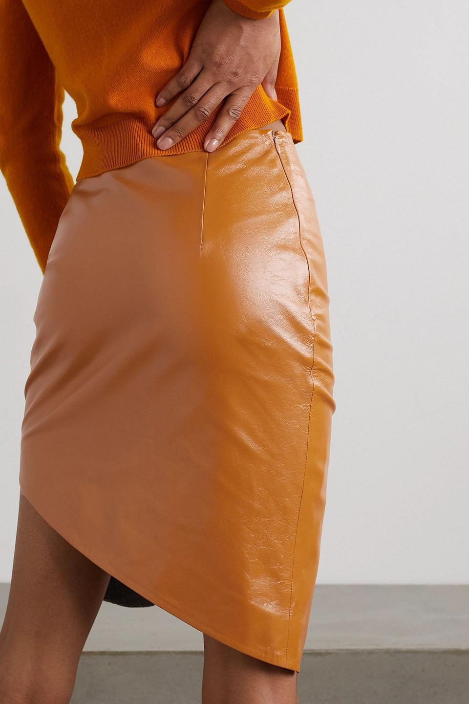 Asymmetric wrap-effect leather mini skirt