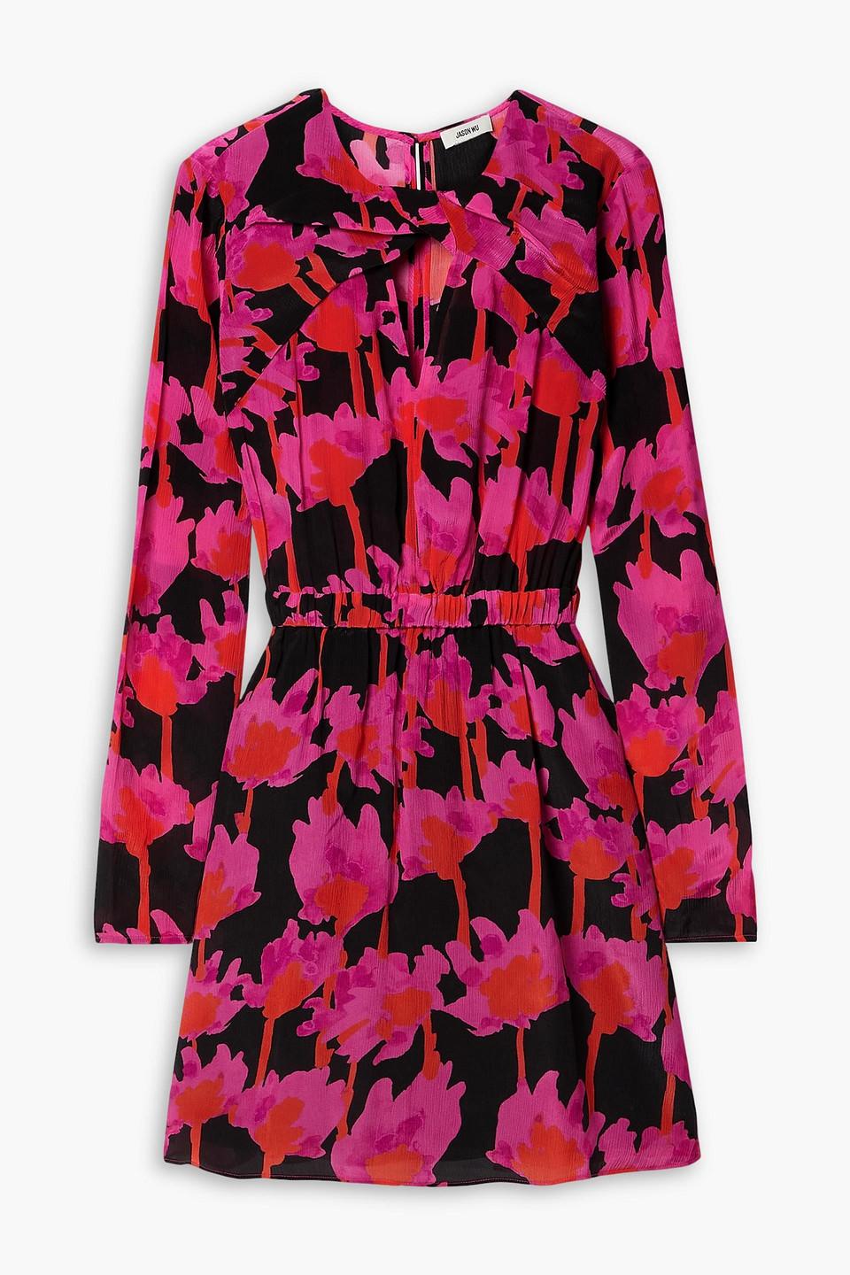 Cutout gathered floral-print crepon mini dress