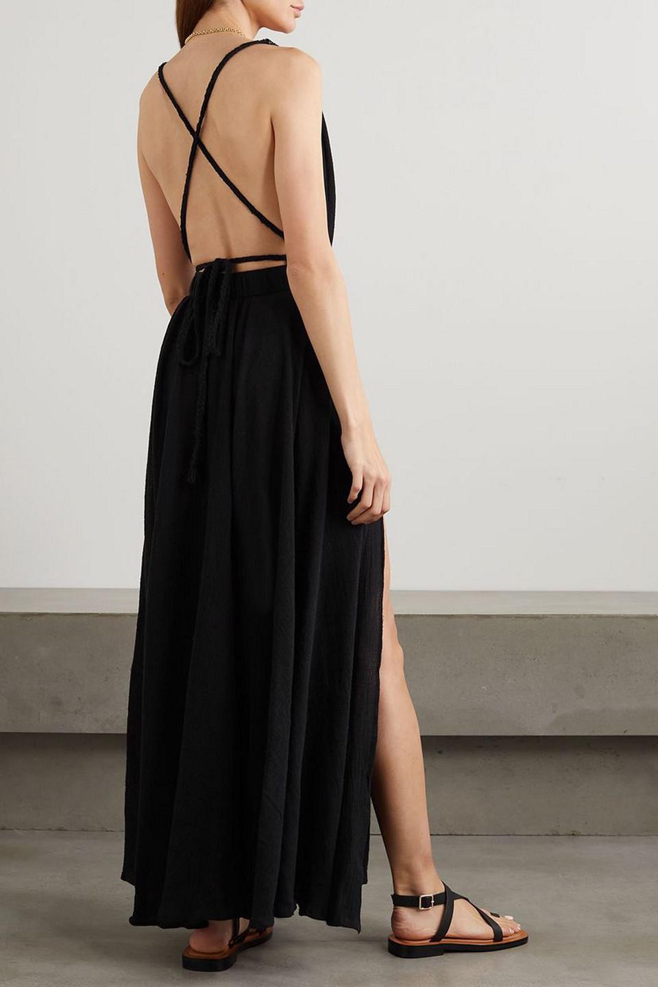 Hera leather-trimmed cotton-gauze halterneck maxi dress