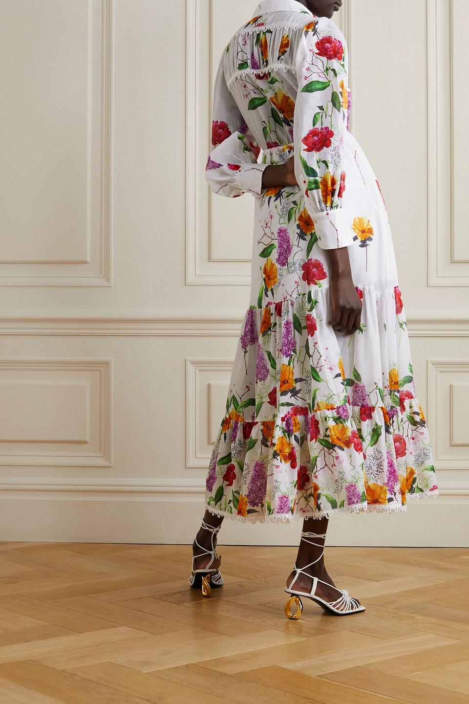 Begonia lace-trimmed tiered floral-print cotton-blend voile shirt dress