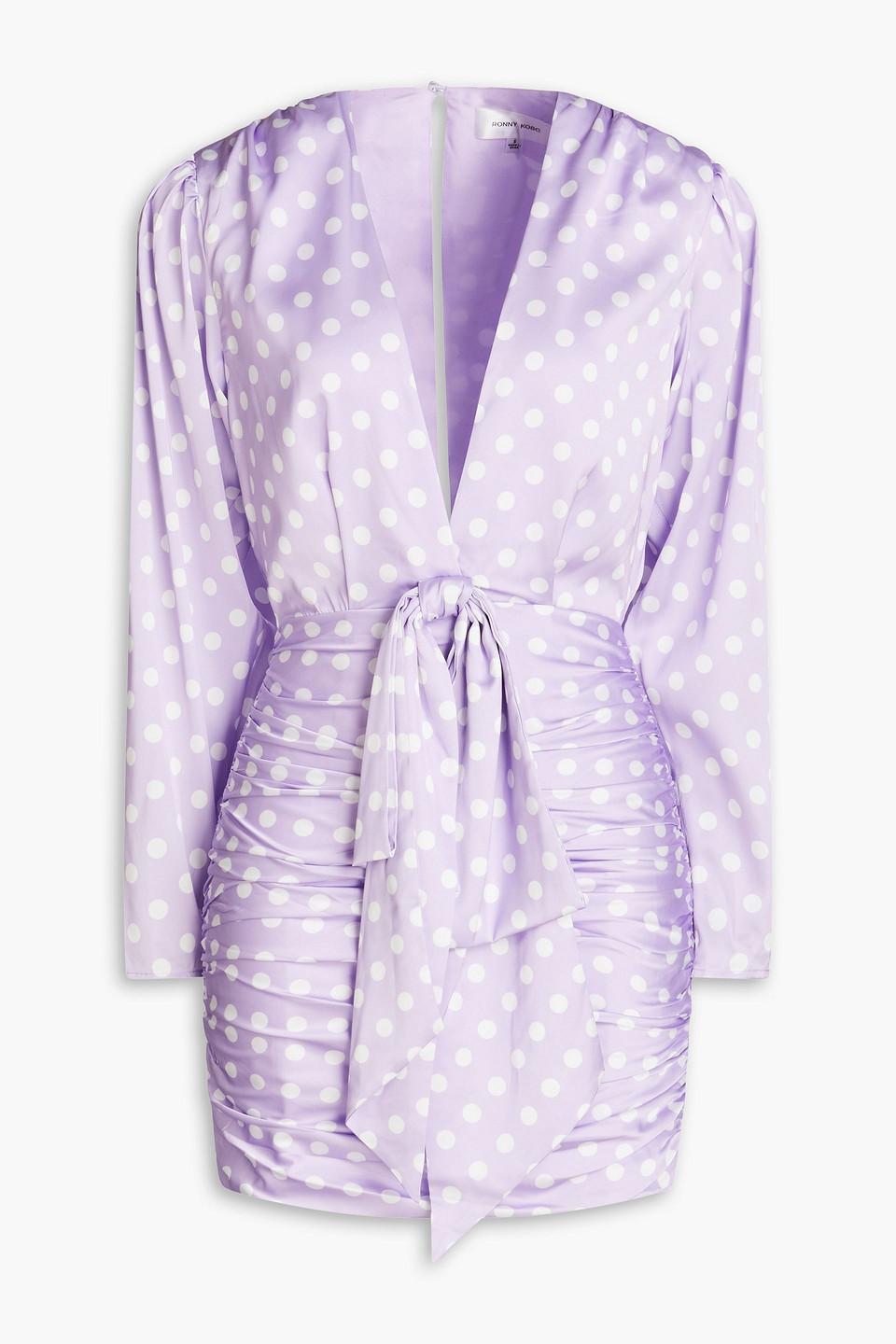 Lyric ruched polka-dot satin mini dress