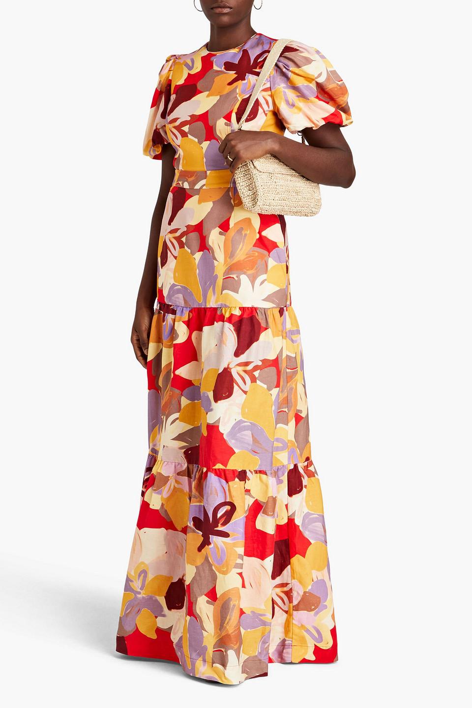 Gathered floral-print linen-blend maxi dress