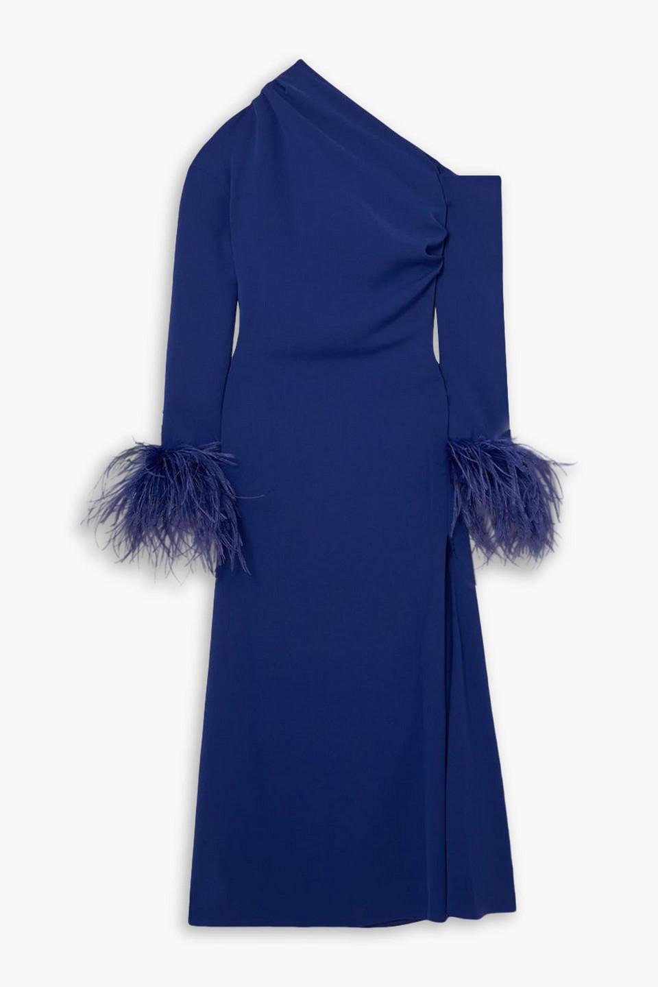 Adelaide one-shoulder feather-trimmed crepe midi dress