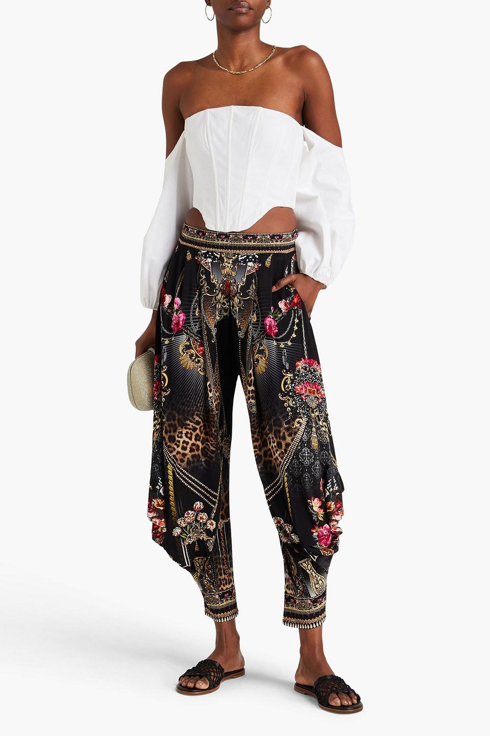 Crystal-embellished printed stretch-jersey tapered pants