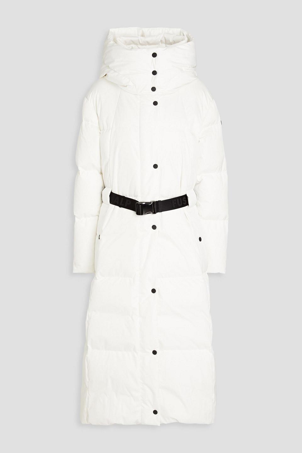 Quilted belted shell hooded down coat