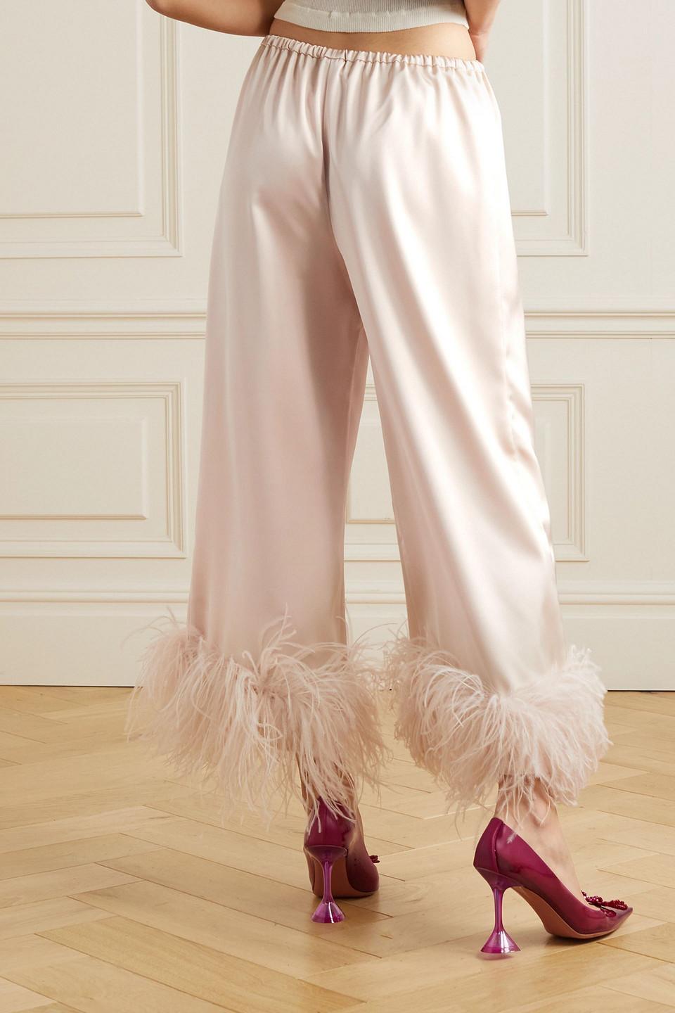 Mandrake cropped feather-trimmed satin wide-leg pants