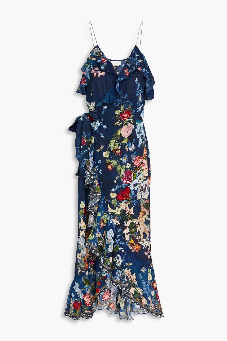 Embellished ruffled floral-print silk crepe de chine maxi dress