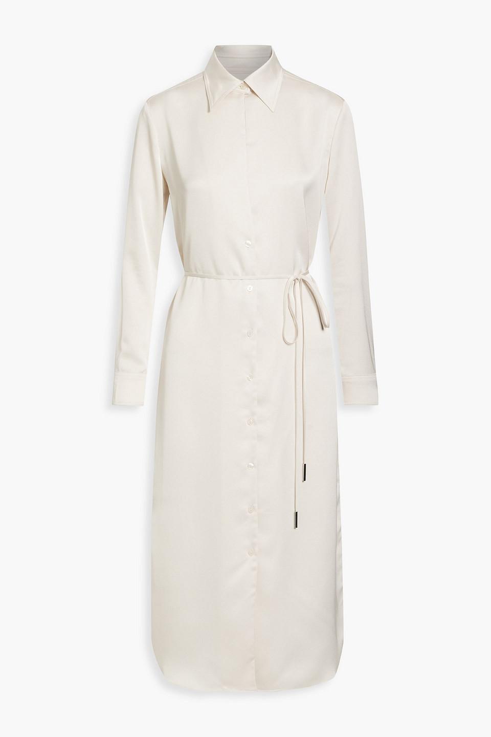 Belted satin-crepe midi shirt dress