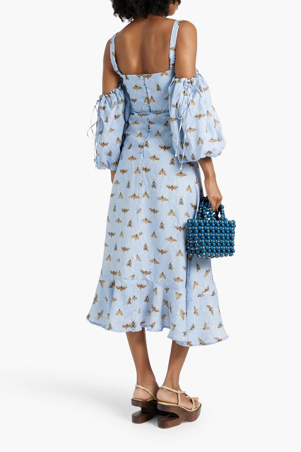 Mercedes Poliilla cold-shoulder printed linen midi dress