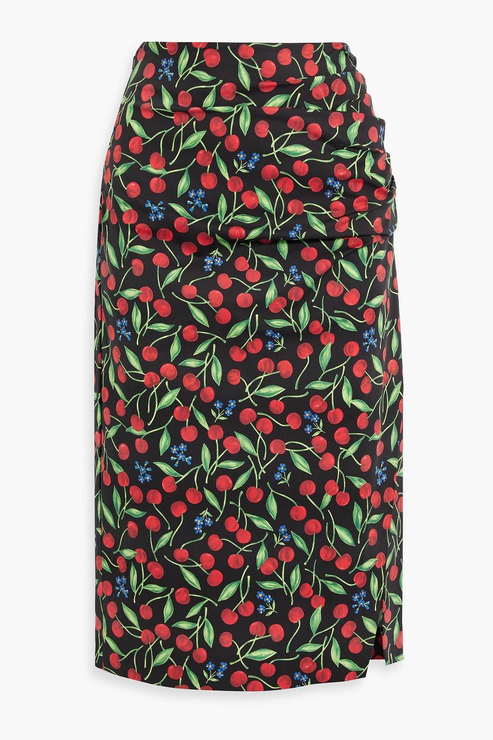 Ruched printed cotton-blend poplin midi pencil skirt