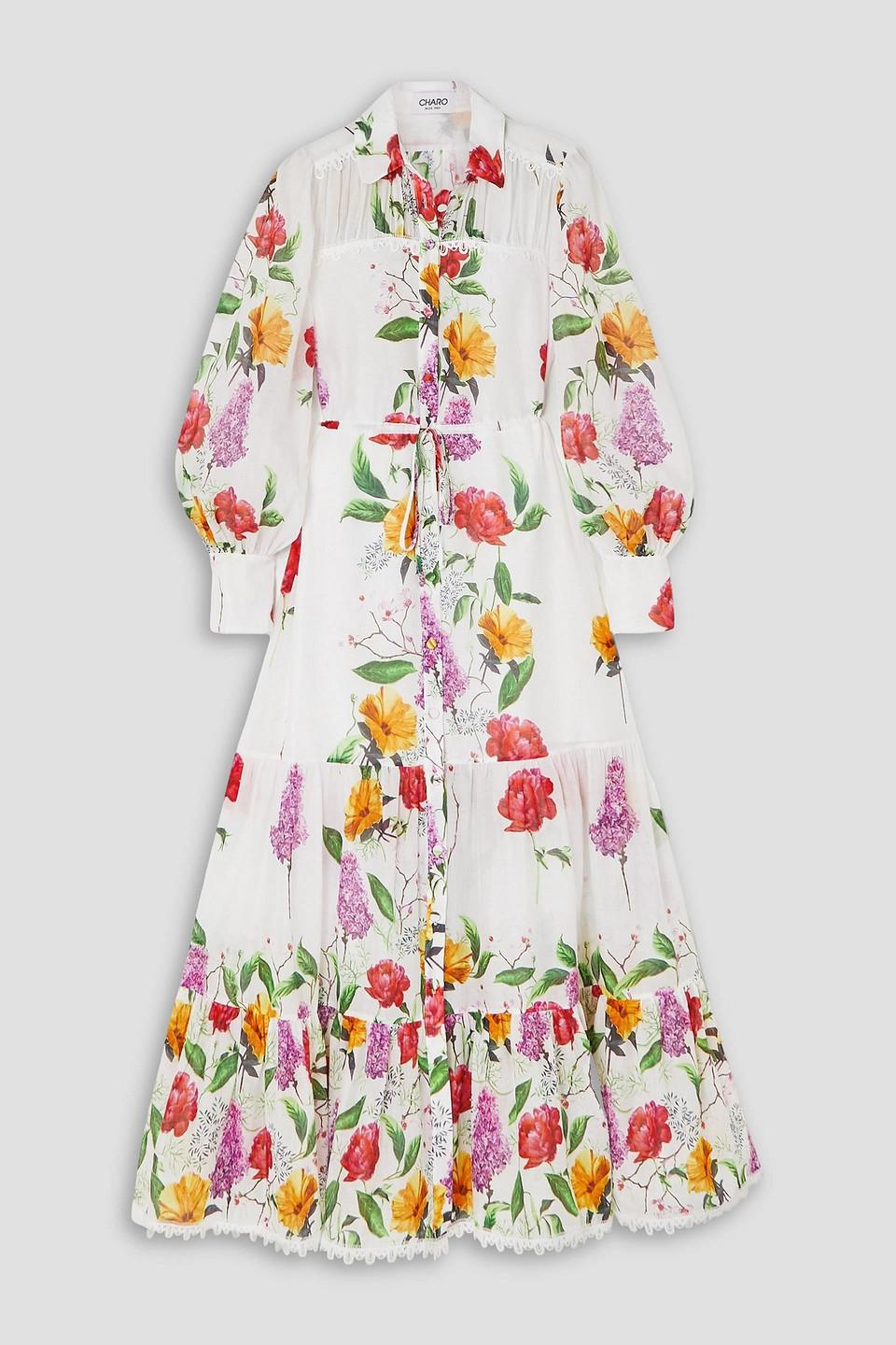 Begonia lace-trimmed tiered floral-print cotton-blend voile shirt dress