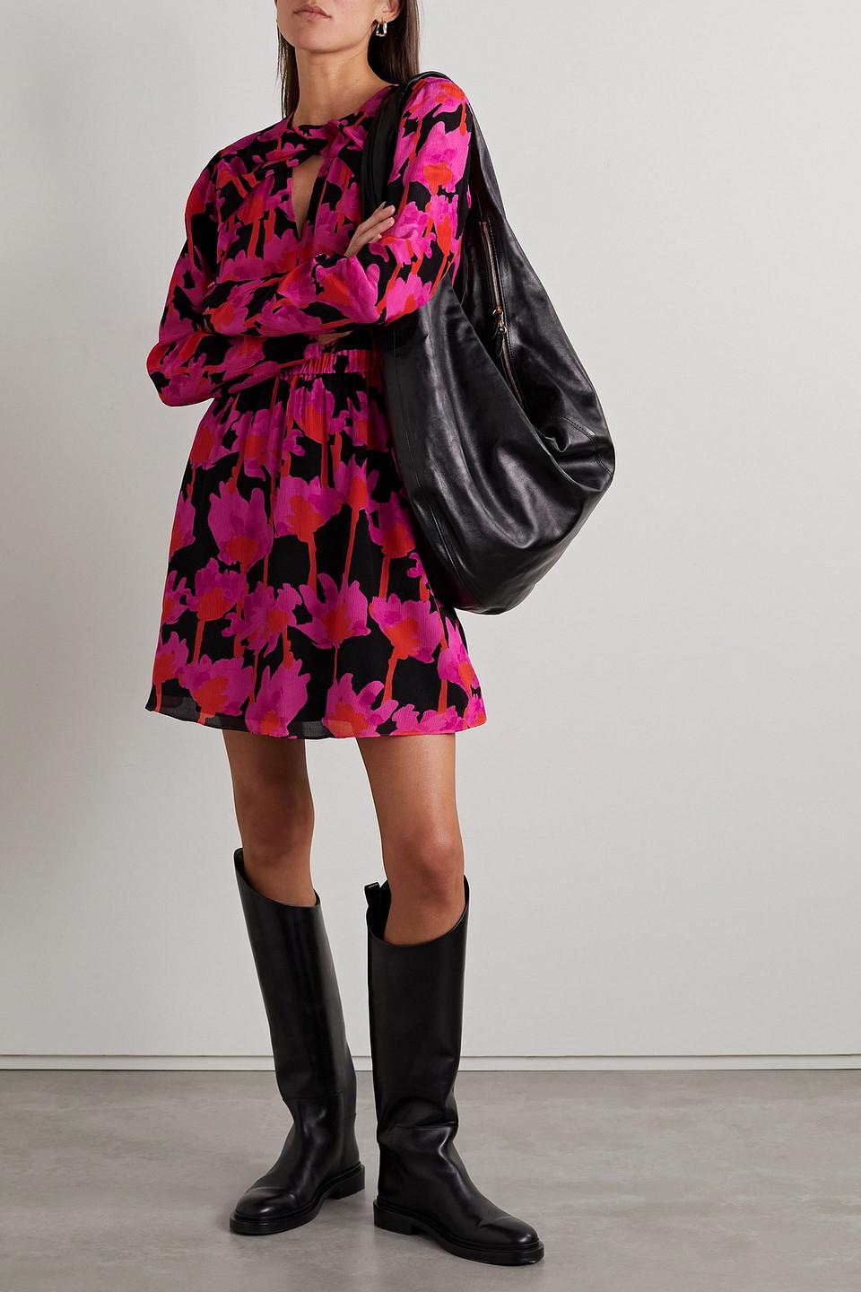 Cutout gathered floral-print crepon mini dress