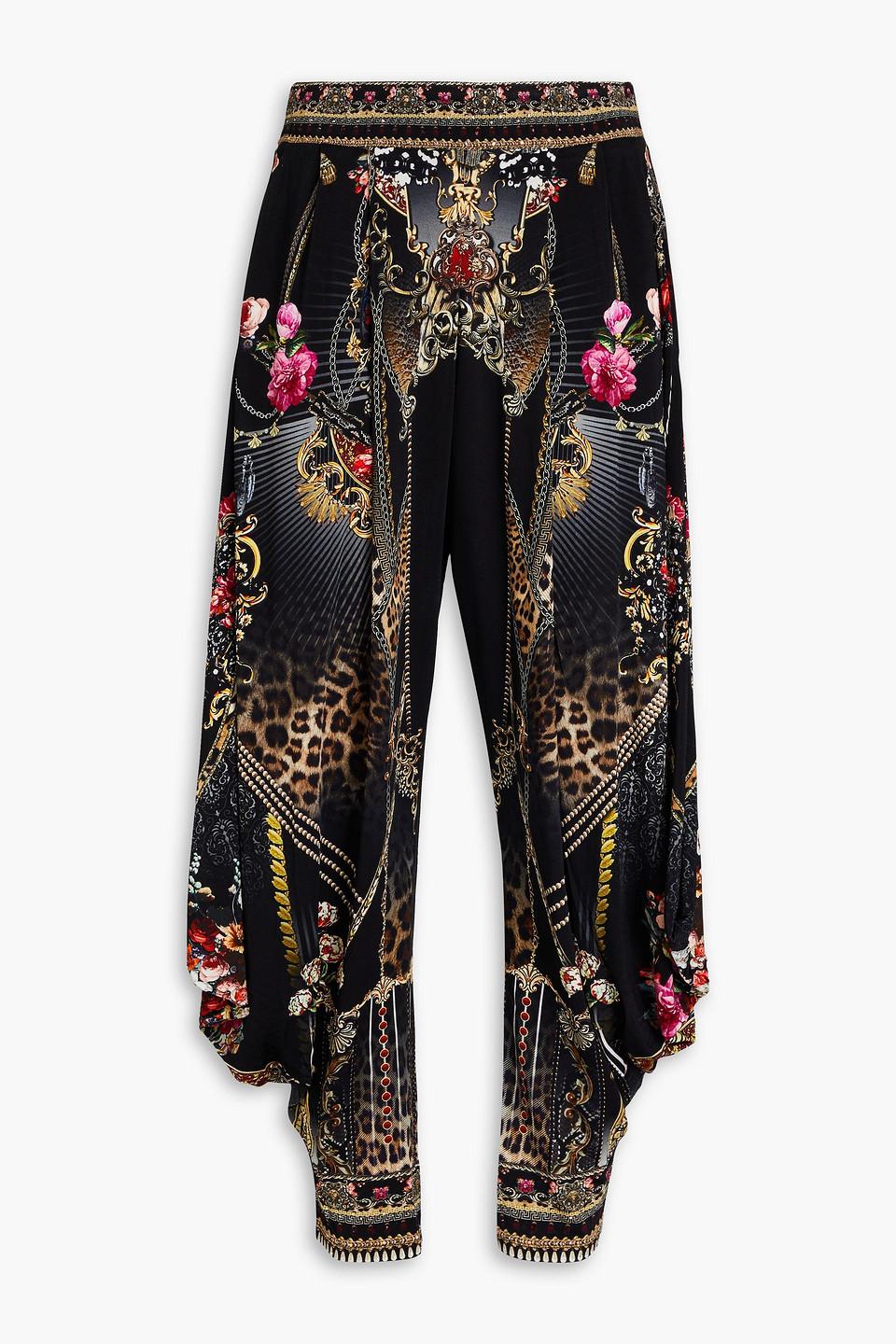 Crystal-embellished printed stretch-jersey tapered pants